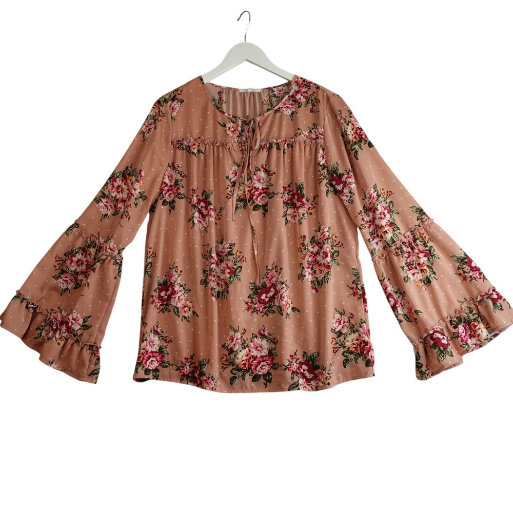 Vtg Anthropologie Top Womens L Pink Floral Polka Dot Bell Sleeve Boho Cottage